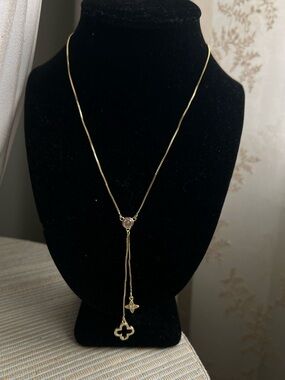 🩷-Gold Lariat Pendant Necklace with pavé clover and pavé diamond shaped charm